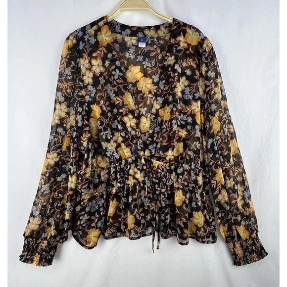 Old Navy Womens Top Size XL Dark Floral Smocked Long Sleeve Peplum Shirt - Picture 3 of 15